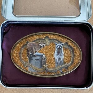 Gold and Silver Raccoon Custom Belt Buckle by MaLynda Poulson.